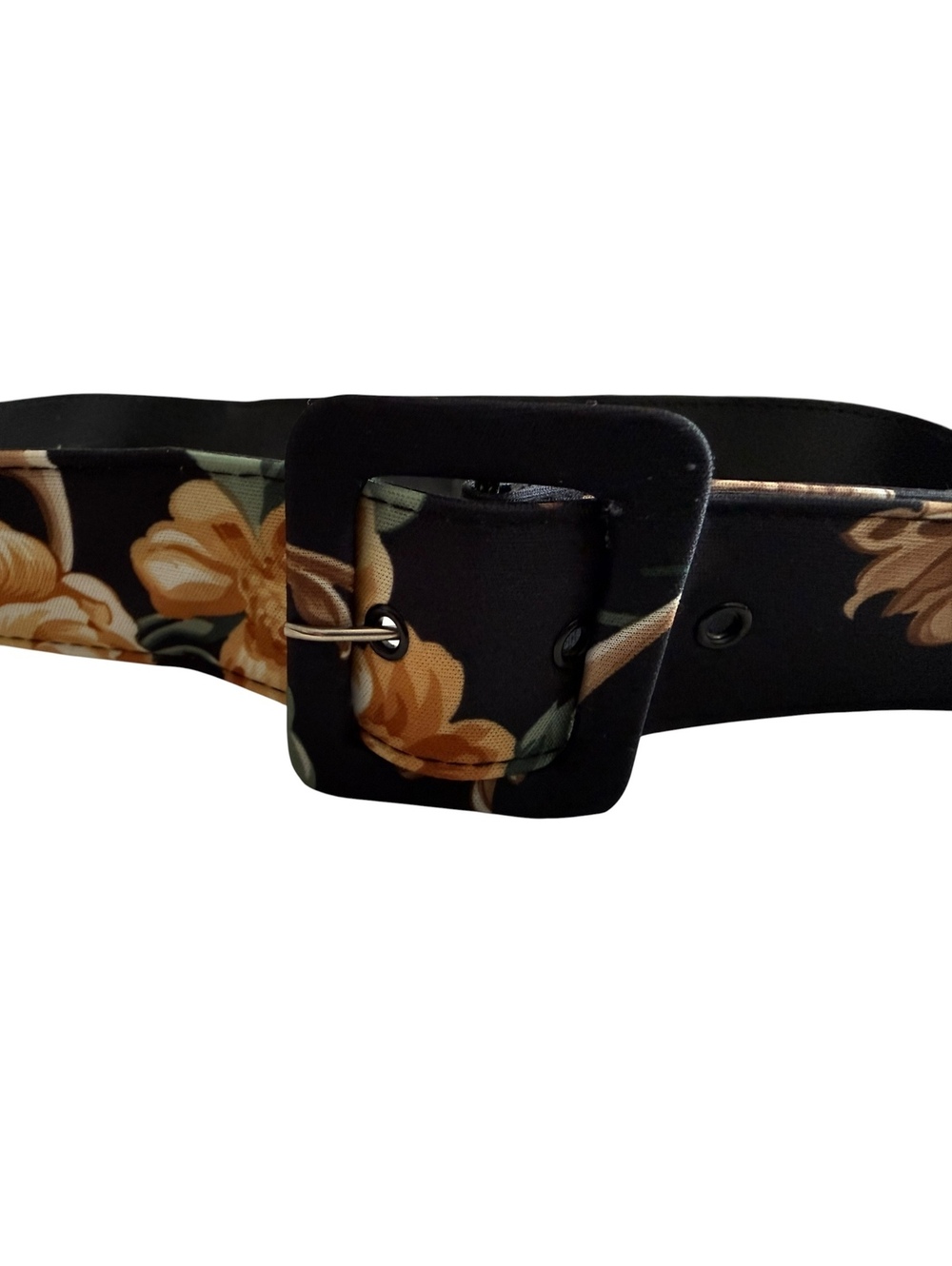 Vintage Black Floral Fabric Belt with Square Buckle Size Large
